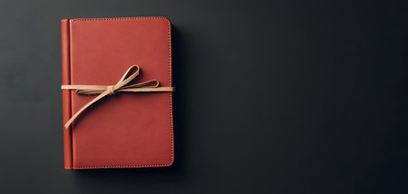 This leather-bound journal features a rich red color, tied with a light brown ribbon, set against a dark background, creating an elegant, inviting atmosphere of creativity and reflection.の素材