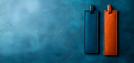Leather tag on a blue background. Top view. Copy space.の素材
