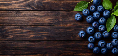 A stunning display of fresh blueberries arranged artfully on a rustic wooden table, showcasing rich colors and textures. Bright green leaves add a touch of freshness amid the bounty.の素材