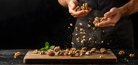 Chef sprinkling walnuts on a wooden board, black backgroundの素材