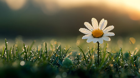 A solitary flower stands tall in a dewy meadow, surrounded by droplets glistening in soft sunlight. The atmosphere is tranquil, evoking a sense of peace and nature's beauty.の素材