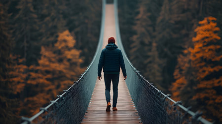 A lone person walks on a wooden bridge, surrounded by lush forest and vibrant leaves, embodying adventure and introspection in a serene atmosphere. The background appears solid.の素材
