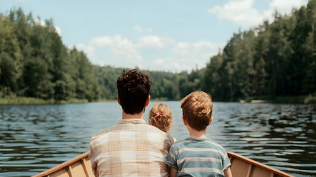 A family enjoys a serene boat ride on a tranquil lake, with children gazing at the calm water and lush trees, evoking feelings of joy and connection amidst nature's beauty.の素材