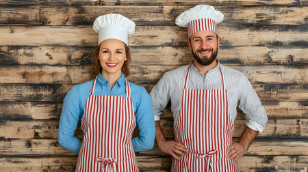 A woman and man, both wearing chef hats and striped aprons, pose happily against a rustic wooden backdrop.の素材