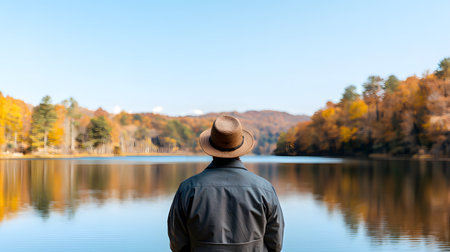 A person gazes peacefully at a lake reflecting autumn foliage and blue skies in a tranquil atmosphere.の素材