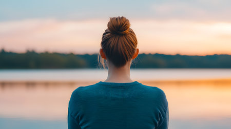 A woman sits peacefully, meditating by a serene lake at sunset. Reflective water and soft colors create a tranquil atmosphere. The background is solid with nature's calm.の素材