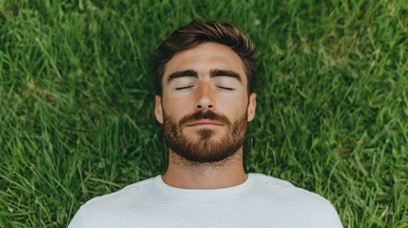 A young man lies peacefully on the green grass with his eyes closed, practicing deep breathing. The serene atmosphere enhances relaxation and mindfulness in nature's embrace.の素材