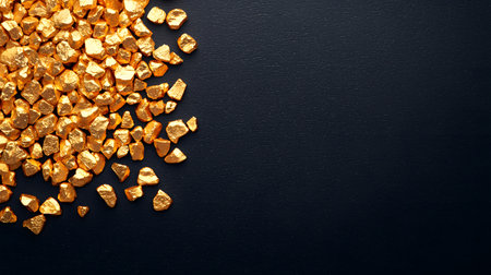 A vibrant pile of gold nuggets scattered on a dark background, emitting a luxurious glow that captivates. The atmosphere is inviting and rich, highlighting the essence of wealth.の素材