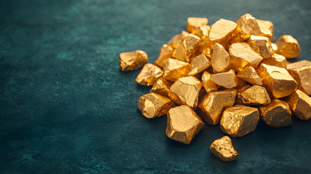 Pile of gold nuggets on dark blue background with copy spaceの素材