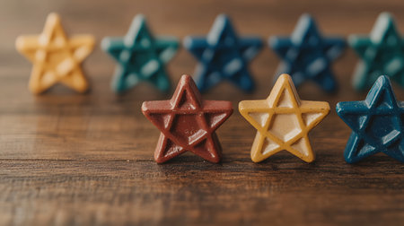 This vibrant arrangement features multicolored dreidels and gelt artfully placed on a rustic table, evoking a festive spirit. The atmosphere exudes joy and celebration.の素材