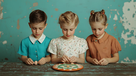Three children deeply focused on playing with colorful game pieces, set against a textured backdrop. Their expressions show concentration and joy in a festive, cultural setting.の素材