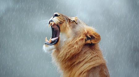 A lion roars powerfully amidst a rainstorm, capturing the essence of nature's raw emotion and beauty. The lion's mane is soaked, and rain droplets glisten in the backdrop.の素材