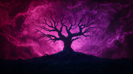 A solitary, intricate tree with mechanical roots stands against a vibrant, swirling purple background. The atmosphere is otherworldly, evoking feelings of mystery and wonder.の素材