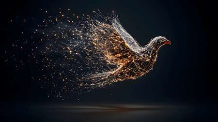 The image showcases a phoenix emerging with flames and sparks, amidst a dark, possibly transparent background. The mythical creature depicts strength and mystery in flight.の素材