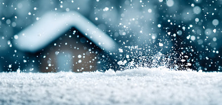 A serene winter landscape featuring soft snowflakes falling on a tranquil village home, evoking warmth and peace. The blurred background enhances the cozy atmosphere of the scene.の素材