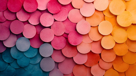 A stunning display of colorful paper circles in pink, orange, and blue hues, layered artfully with a soft blend. The background is partially transparent, enhancing the color vibrancy and depth.の素材