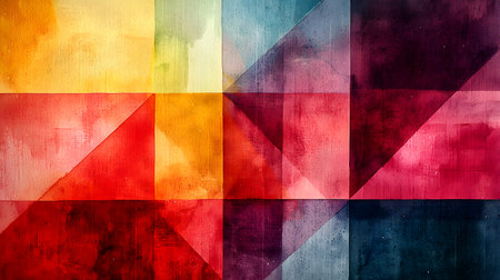 An abstract watercolor composition featuring vibrant geometric shapes and rich color contrasts. The background appears solid, radiating an energetic and artistic atmosphere.の素材