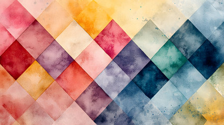 This image features colorful geometric diamonds in pastel shades of pink, blue, yellow, and green, with an intricate watercolor texture that creates a serene backdrop, suggesting tranquility.の素材