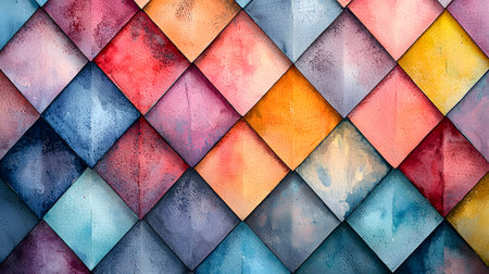 The image features a series of colorful geometric diamond shapes arranged in a patterned format. The colors blend softly, predominantly in pastel hues, with no visible background.の素材