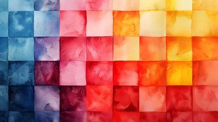 A vivid grid of watercolor squares in shades of blue, pink, red, and yellow creates a dynamic visual. Textured backgrounds enhance the atmosphere of artistic creativity.の素材