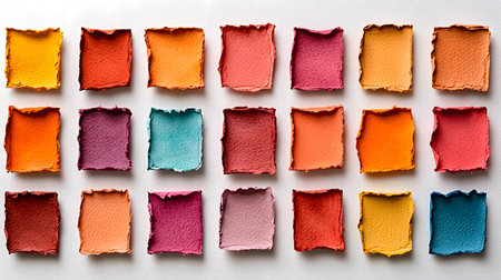 A colorful arrangement of pastel watercolor squares sits on a textured white background, showcasing various warm and cool tones that evoke creativity and cheerfulness.の素材