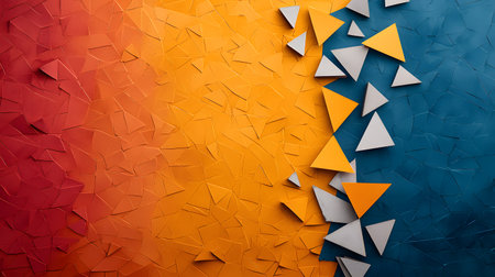 An array of vibrant polygon shapes in orange and blue hues, layered over a textured background. The shapes convey a playful atmosphere, inviting creativity and artistic expression.の素材