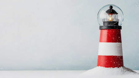 A vibrant red and white lighthouse in a snow globe rests on a snowy surface, shimmering with a warm glow. Snow gently falls, creating a serene winter atmosphere and holiday delight.の素材