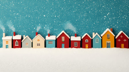 This enchanting winter village scene features colorful houses, snowy rooftops, and gentle chimney smoke. The vibrant colors contrast beautifully against a snowy backdrop.の素材
