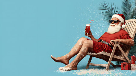 A cheerful Santa, dressed in a red outfit, lounges on a beach chair. He's sipping a colorful drink, surrounded by snow-like sand and tropical foliage, evoking festive joy.の素材