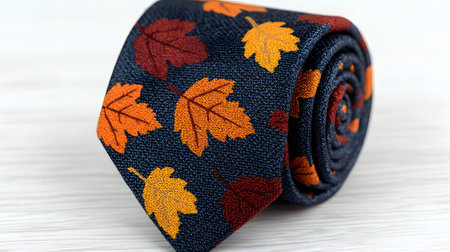Men's necktie with autumn leaves on a white wooden background.の素材