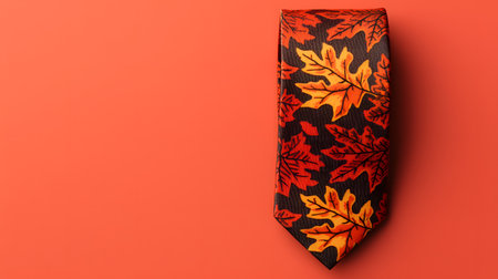 Necktie with autumn leaves on a red background. Top viewの素材