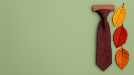 Brown necktie with autumn leaves on green background. Top view.の素材