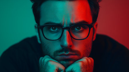 Portrait of a pensive young man in glasses on a dark background.の素材