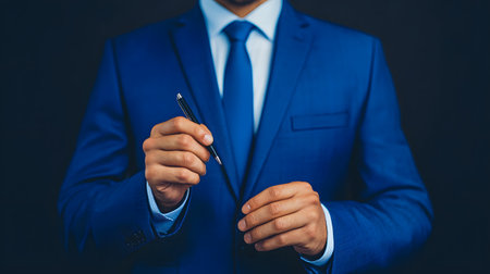 Businessman in a blue suit with a pen in his hands.の素材