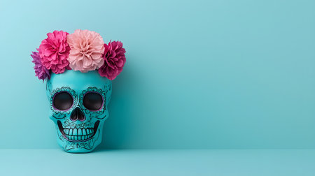 This image features a vibrant turquoise sugar skull adorned with pink and fuchsia paper flowers. The background is a solid blue, emphasizing the festive atmosphere and cultural significance.の素材