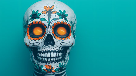 This captivating sugar skull features vibrant colors and floral designs, evoking a festive atmosphere. Set against a bright background, it radiates playful charm associated with DÃ­a de los Muertos.の素材