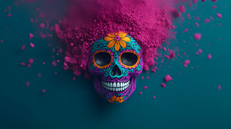 A vivid sugar skull with intricate patterns and bright colors, surrounded by colorful powdered dust, creating a festive atmosphere. The background appears vibrant and engaging.の素材