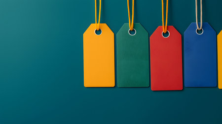 A close-up view of vibrant price tags in yellow, green, red, and blue, hanging against a teal background. The tags are labeled, creating a cheerful and inviting atmosphere.の素材