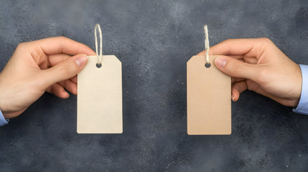 Two hands hold contrasting price tags, one beige and one brown, against a textured gray background. The atmosphere suggests a thoughtful comparison of spending options while shopping.の素材