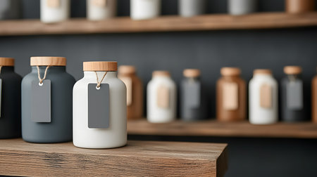 A collection of stylish jars with wooden lids, neatly arranged on a wooden surface and shelf, creating a sophisticated atmosphere. The background is softly blurred, enhancing focus.の素材