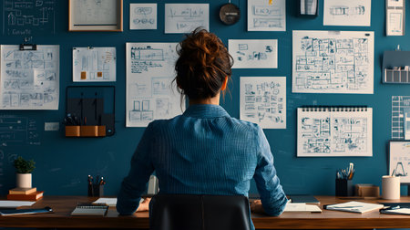 A woman sits before a cluttered desk, gazing at sketches on a teal wall. Her thoughtful demeanor reflects creativity, surrounded by visual brainstorming and artistic plans.の素材