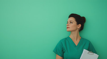 A woman in green scrubs thoughtfully holds medical charts, exuding determination and care against a solid turquoise backdrop, symbolizing the healthcare environment.の素材