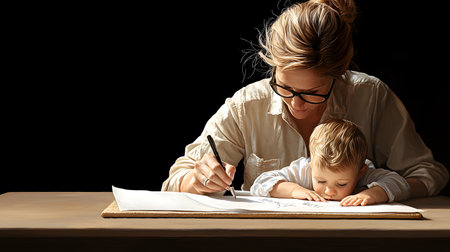Beautiful young mother with her little son doing homework, isolated on blackの素材