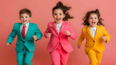 happy kids in suits running isolated on pink, childhood and fashion conceptの素材