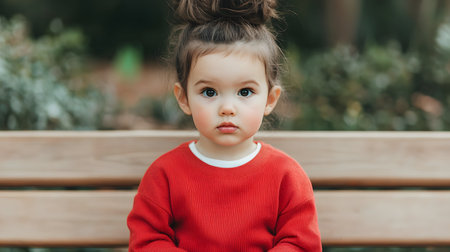 Portrait of cute little girl in red sweater standing on the benchの素材