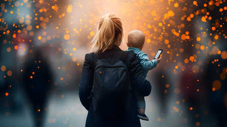 Back view of a mother and son walking on the street and using mobile phoneの素材