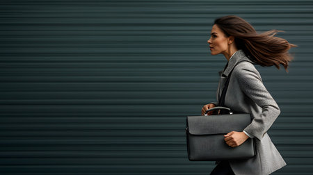 Young businesswoman with a briefcase on the background of a metal wallの素材