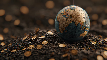 A beautifully detailed globe spins above a mound of golden coins, set against a dark, blurred background. The atmosphere evokes feelings of ambition and economic focus, inviting contemplation.の素材