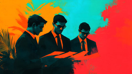 Three businessmen in suits carefully examine loan paperwork. The colorful background adds an energetic feeling, enhancing the focus on their serious expressions and deep concentration.の素材
