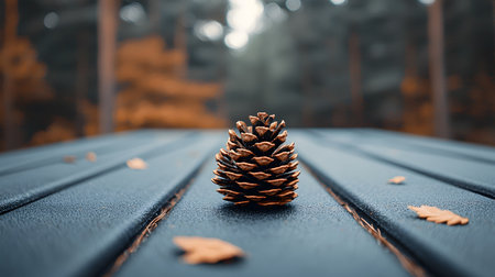 A close-up view of a detailed pine cone placed centrally on a textured surface, surrounded by autumn leaves. The background is blurred, enhancing the serene and tranquil atmosphere.の素材